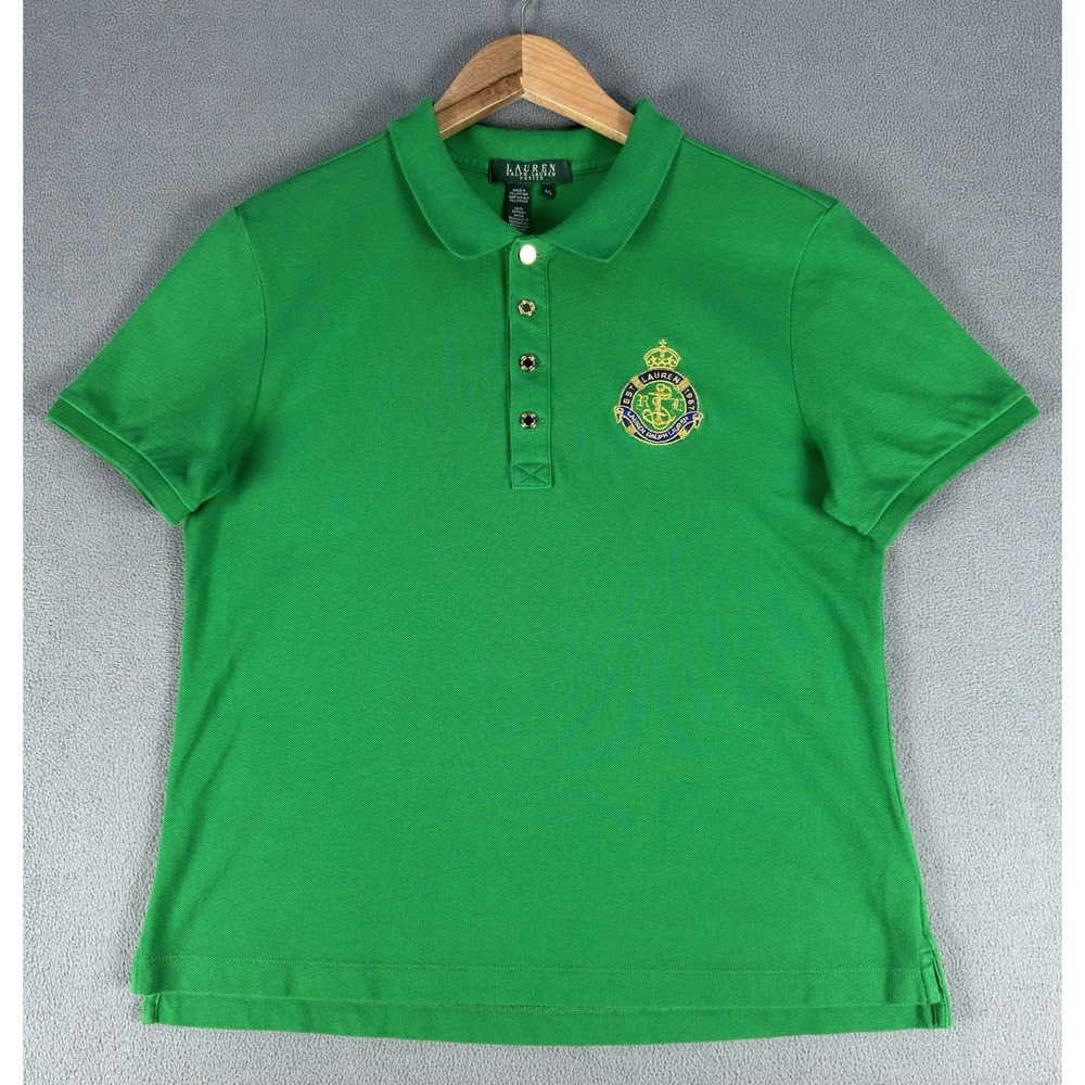 Lauren Ralph Lauren Polo Shirt Petite Large Green Heraldic Crown Crest Logo